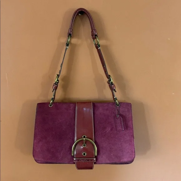 👜Vintage Y2K Coach Burgundy Suede &Leather shoulder bag(9664)